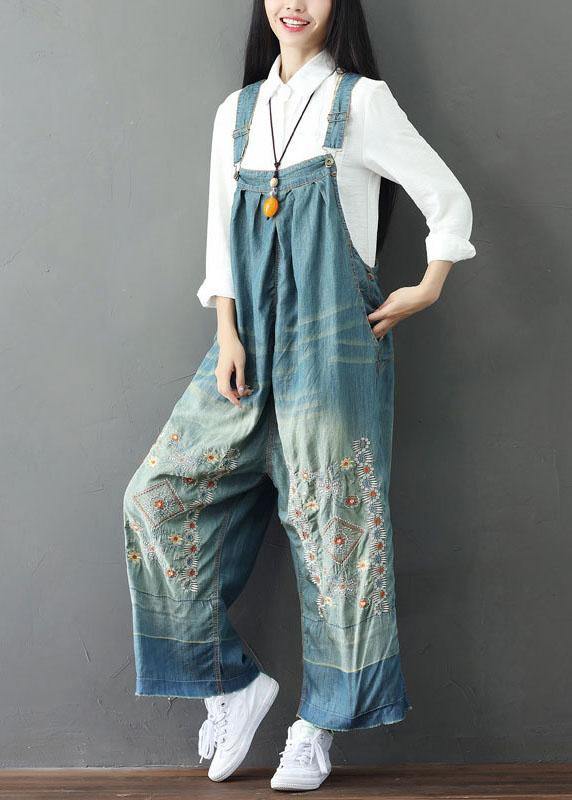 Handmade Blue Pockets Embroideried Button Fall Cotton Romper Outfit